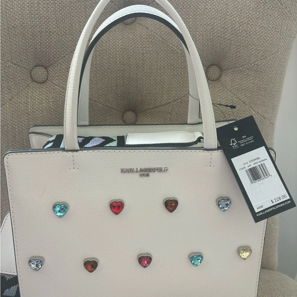 Karl Lagerfeld White Cross Body Bag with crystal Heart Embellishments - Picture 2 of 8